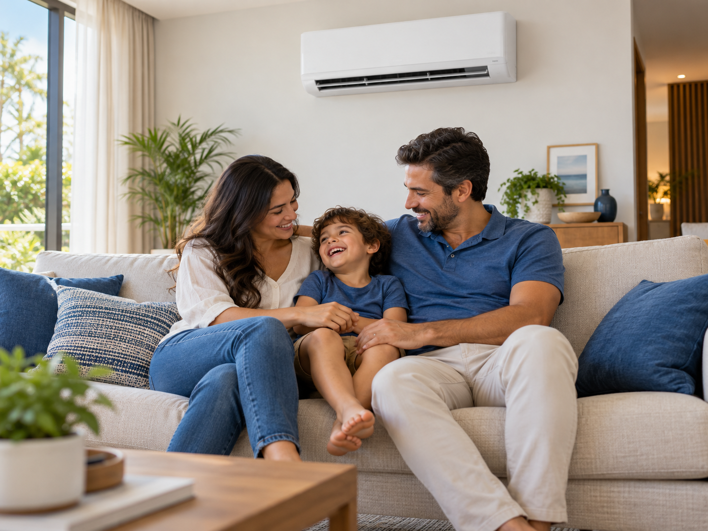 Família feliz sentada no sofá com ar-condicionado split na parede ao fundo